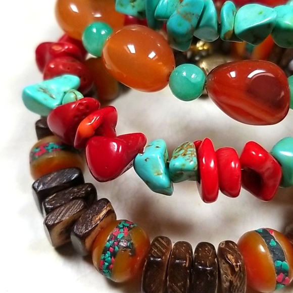 Hand Crafted Boho Tibetan Agate, Turquoise and Amber Wrap Bracelet - Picture 13 of 16